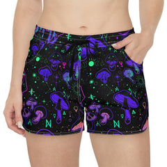 athletic rave festival shorts, front pockets, drawstring elastic waist, mushroom pattern, black,